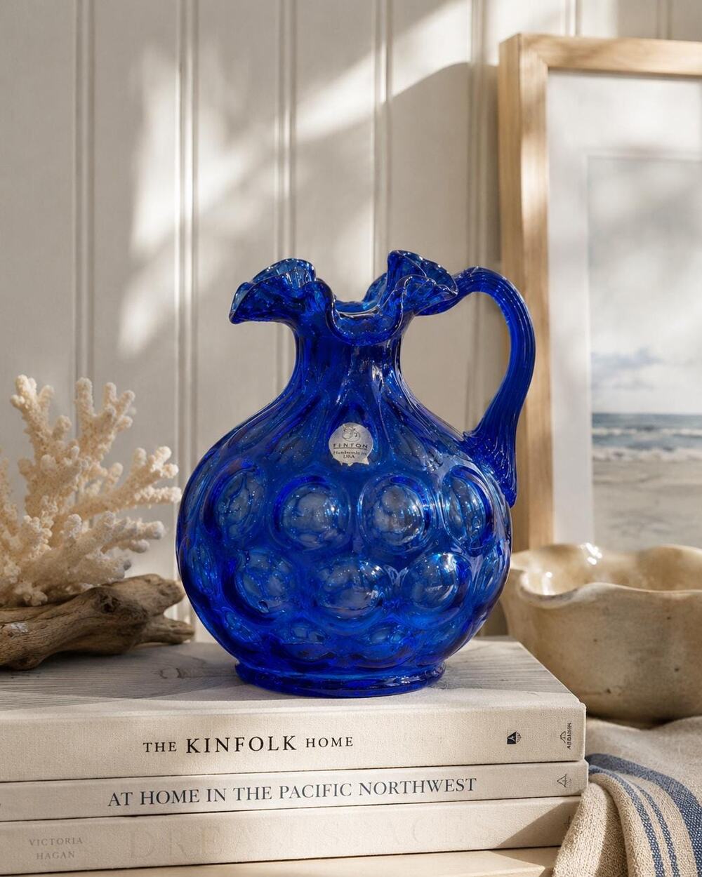 Vintage Fenton Cobalt Blue Coin Dot Pitcher, Hand Blown Art Glass Creamer